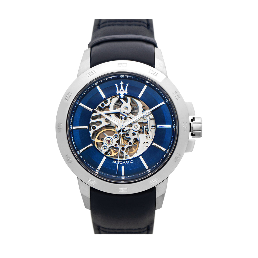Maserati Ingegno Automatic Open Heart Blue Dial Silver Leather Men&