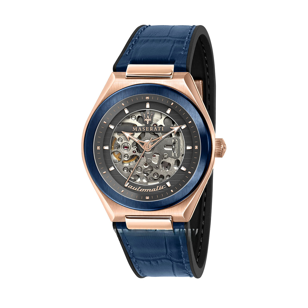Maserati Triconic Skeleton Black Dial Blue Leather Men&