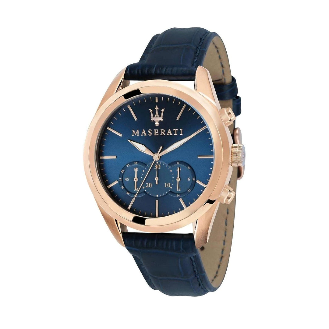 Maserati Traguardo Chronograph Blue Dial Rose Gold-Tone Leather Men&