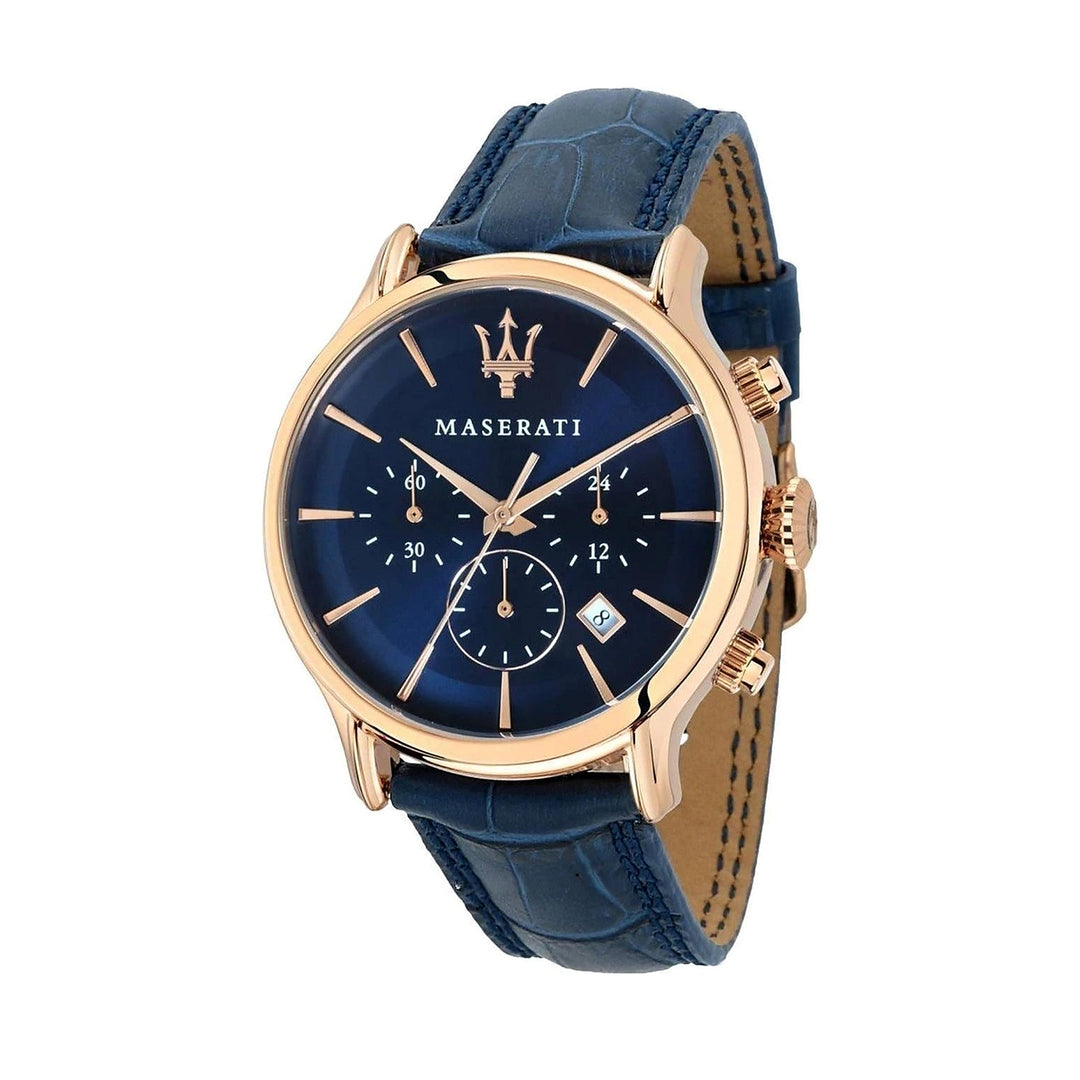 Maserati Epoca Chronograph Blue Sunray Dial Rose Gold-Tone Leather Men&