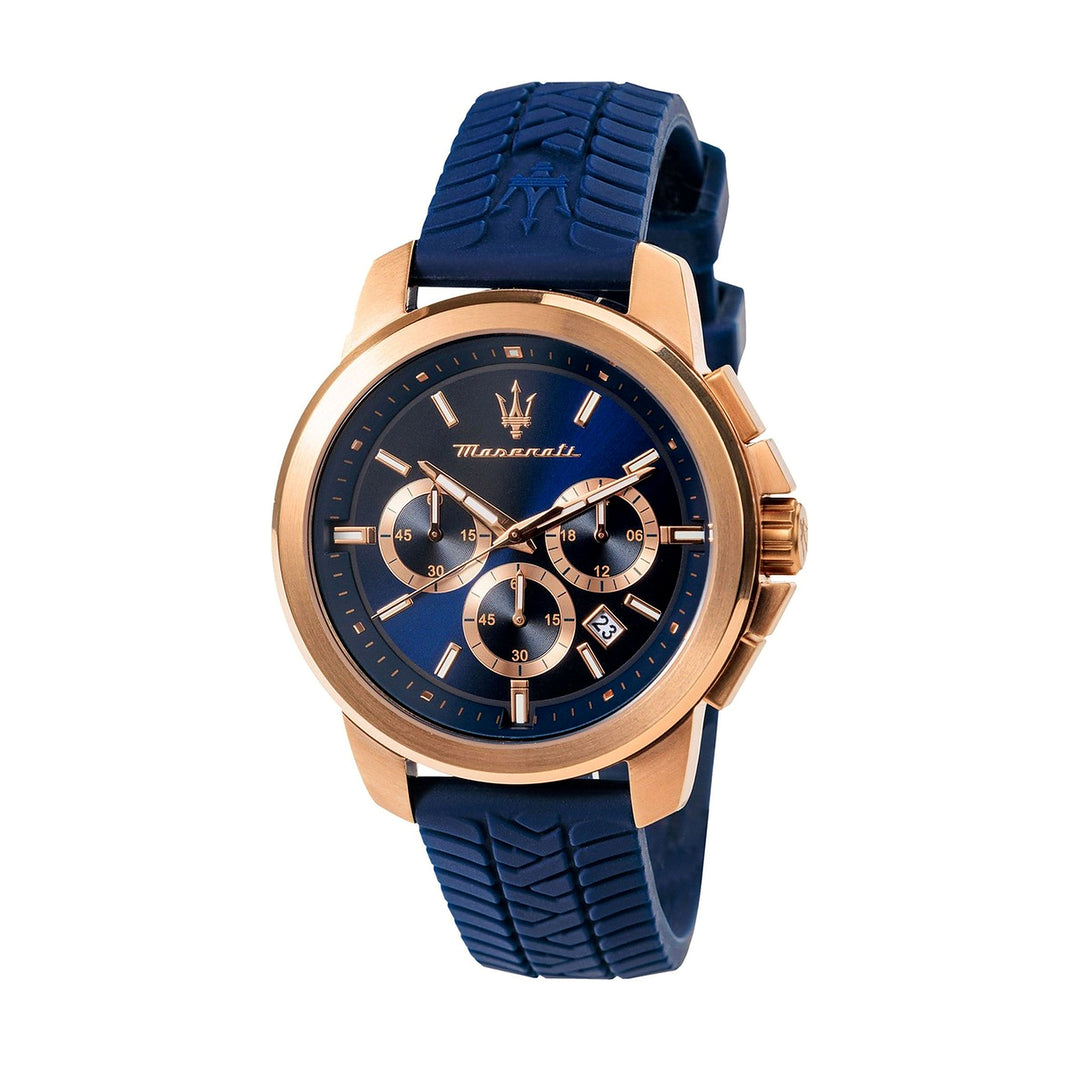 Maserati Successo Chronograph Blue Dial Rose Gold-Tone Silicone Men&
