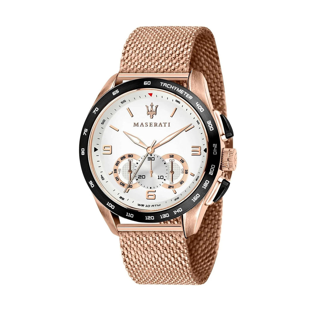 Maserati Traguardo Chronograph White Dial Rose Gold-Tone Mesh Men&