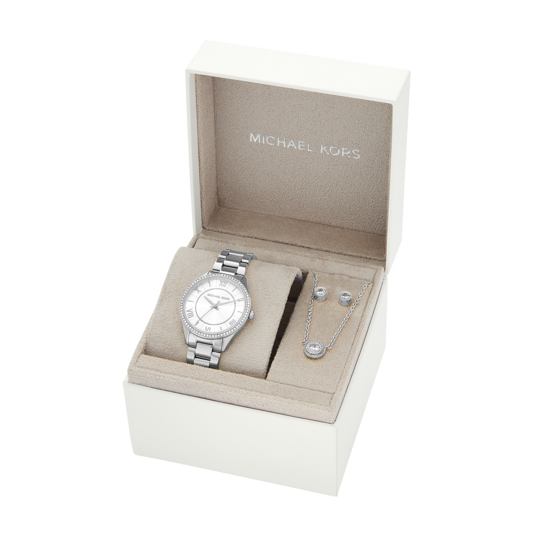 Michael Kors Lauryn Three-Hand Stainless Steel Watch, Earrings and Necklace Gift Set