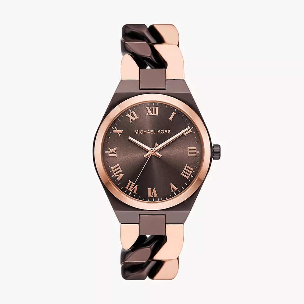 Michael Kors Lennox Three-Hand Chocolate and Rose Gold-Tone Stainless Steel Watch
