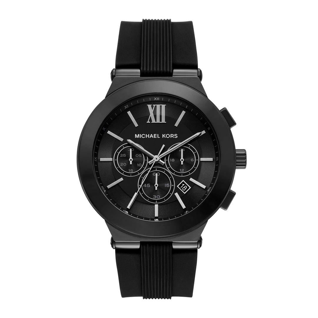 Michael Kors black chronograph watch with a black dial, black case, and black textured strap, featuring Roman numeral XII and three subdials.