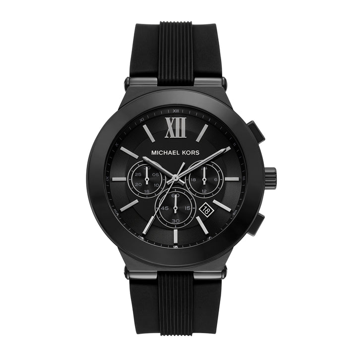 Michael Kors black chronograph watch with a black dial, black case, and black textured strap, featuring Roman numeral XII and three subdials.
