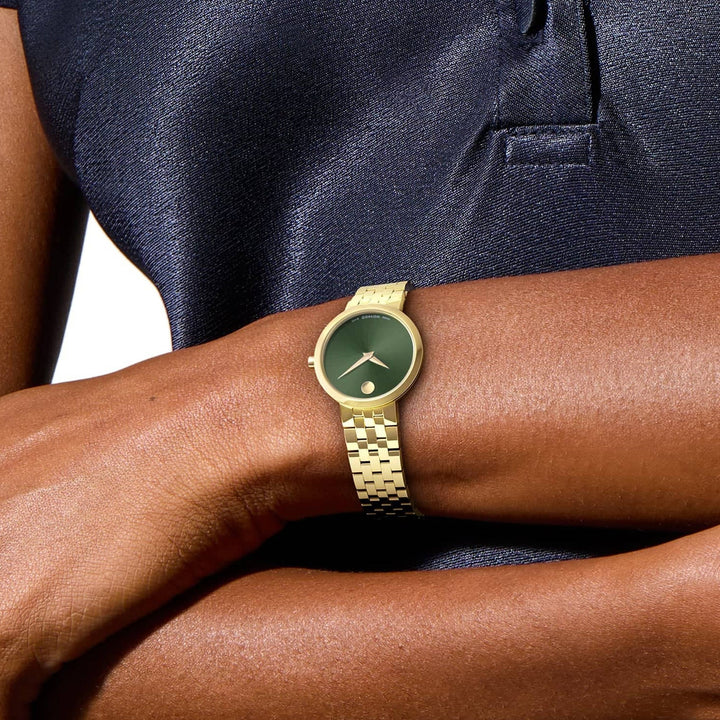 Movado Ladies Watch Gold Tone Case Green Dial Quartz