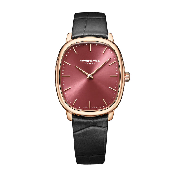 Raymond Weil watch with black leather strap and red dial on a white background