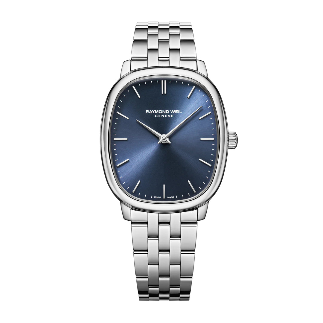 Raymond Weil watch with blue dial and silver bracelet on white background