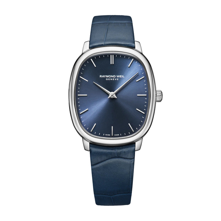 Raymond Weil watch with blue strap and blue face on a white background