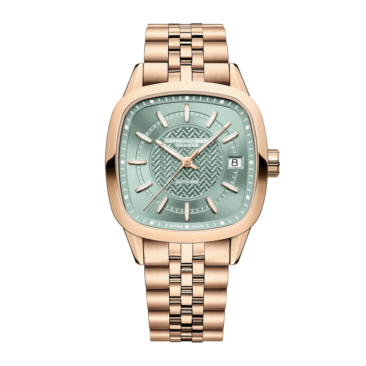 RAYMOND WEIL FREELANCER LADIES AUTOMATIC GREEN DIAL ROSE GOLD BRACELET CUSHION SHAPE WATCH