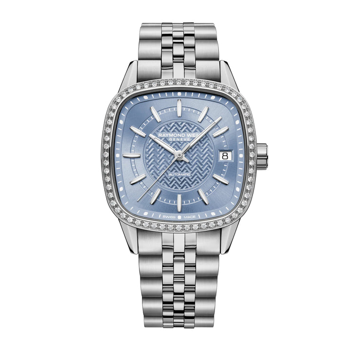 Silver Raymond Weil watch with a blue face on a white background