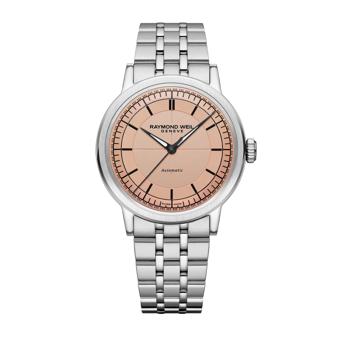 Raymond Weil watch with silver bracelet and salmon color dial on a white background
