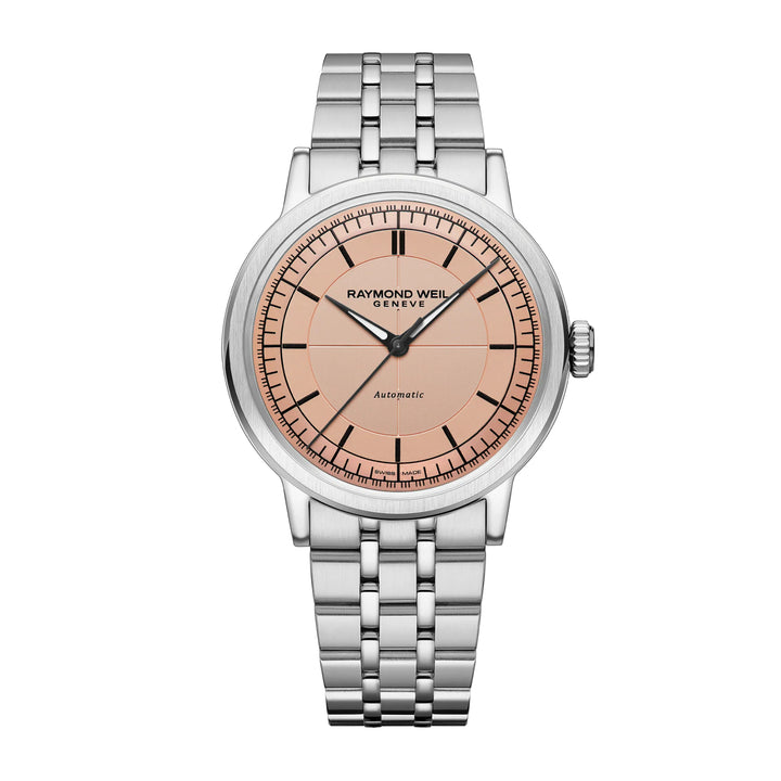 Raymond Weil watch with silver bracelet and salmon color dial on a white background