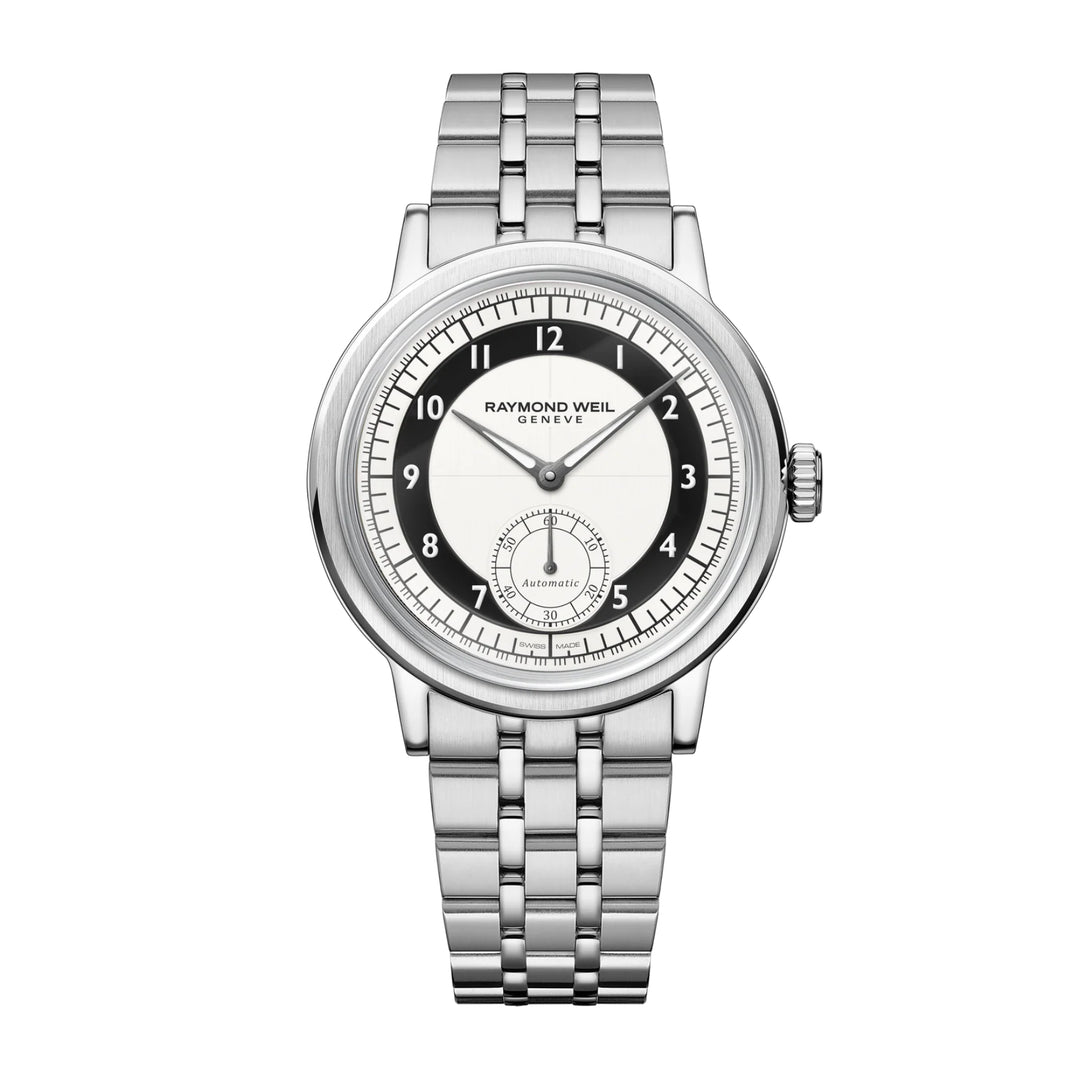 Silver Raymond Weil watch with Tuxedo dial on a white background