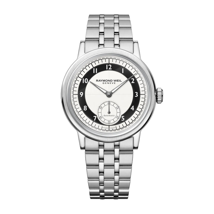 Silver Raymond Weil watch with Tuxedo dial on a white background