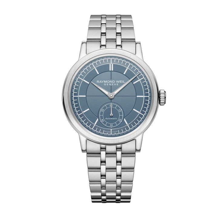 Silver Raymond Weil watch with blue face on a white background