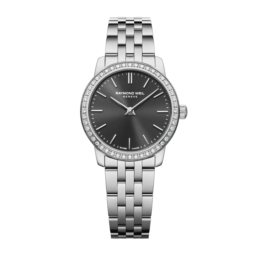 Silver Raymond Weil ladies watch with black dial on a white background