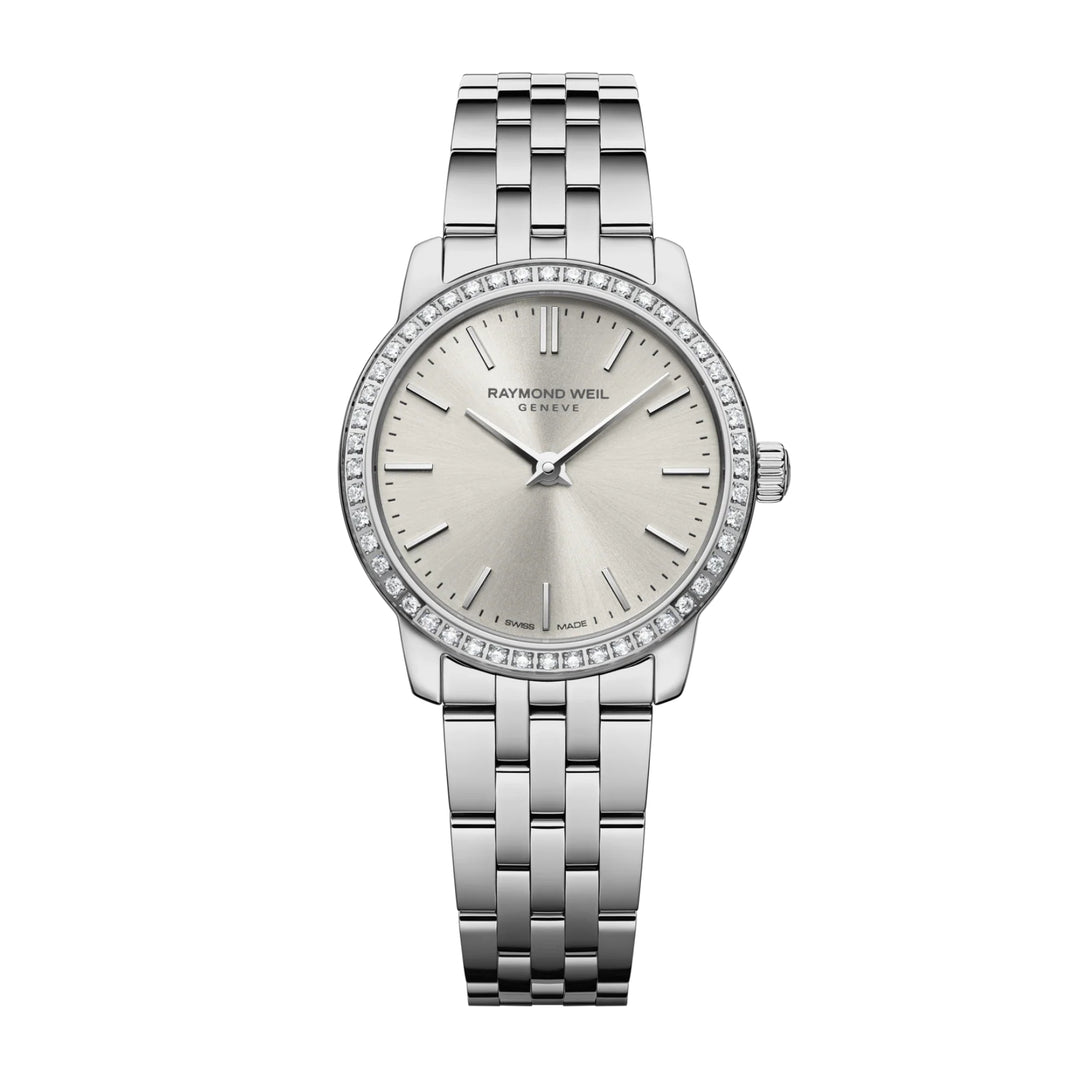 Silver Raymond Weil watch with diamond-studded bezel on a white background