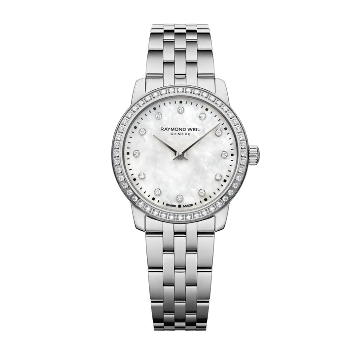 Silver Raymond Weil watch with a white face on a white background