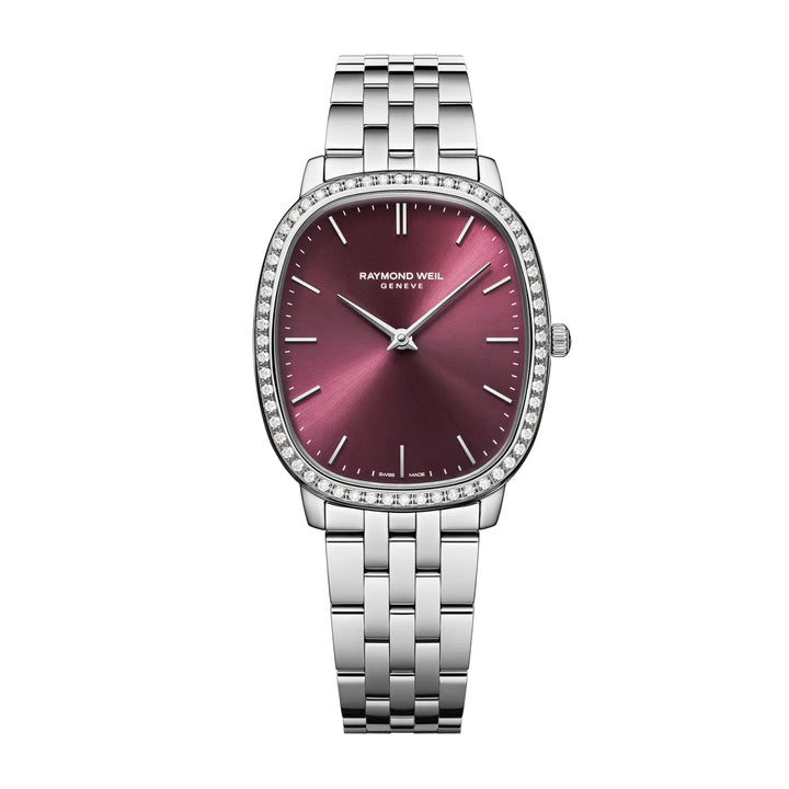 Raymond Weil ladies watch with a silver bracelet and red dial on a white background