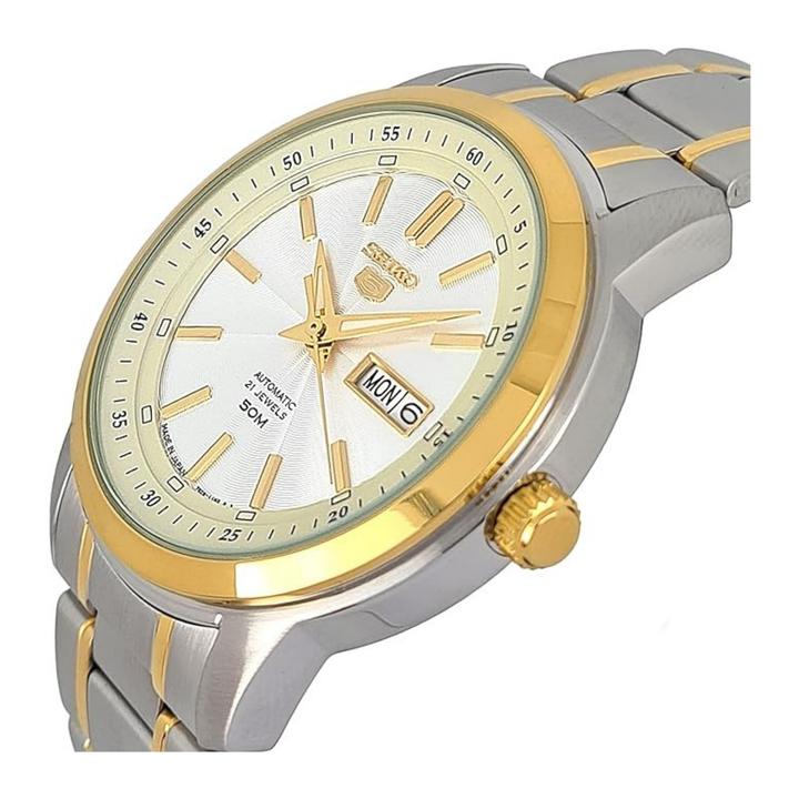 seiko 5 White Dial Automatic analog stainless steel watch for Men SNKM92J, bicolor, bracelet