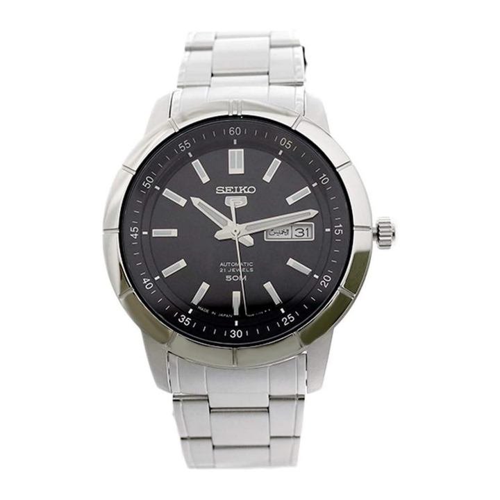 Seiko 5 SNKN55J1 Men's Japan Stainless Steel Black Dial Day Date Automatic Watch, Black, Automatic Watch