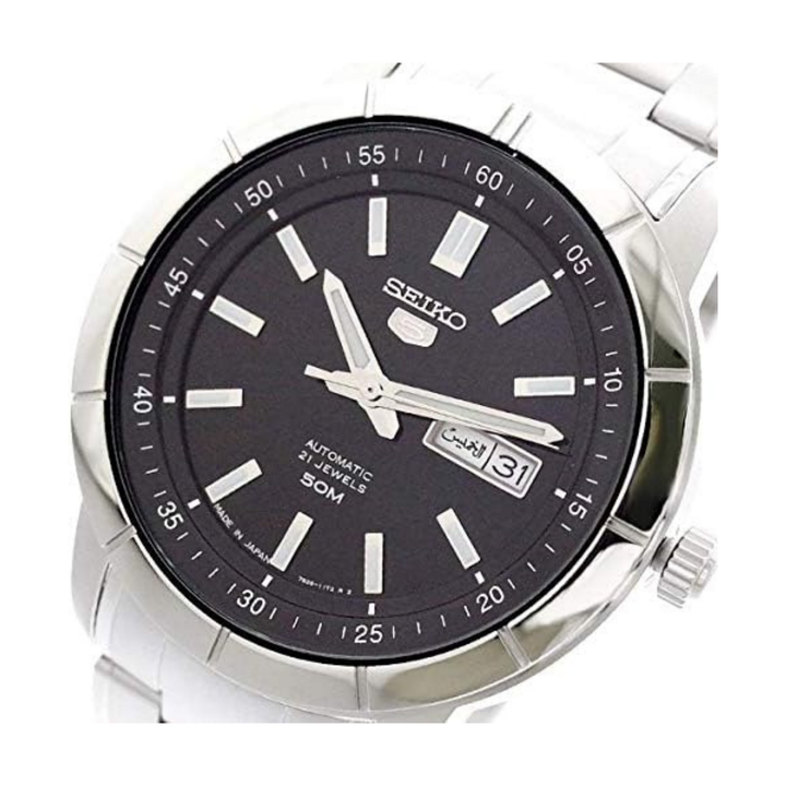 Seiko 5 SNKN55J1 Men's Japan Stainless Steel Black Dial Day Date Automatic Watch, Black, Automatic Watch
