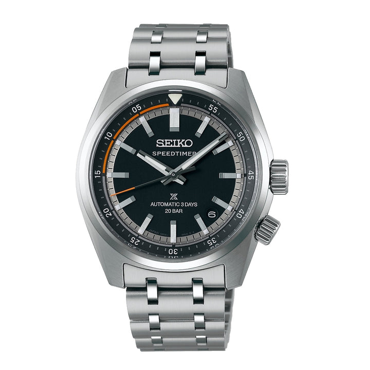 Seiko Speedtimer watch with silver bracelet on a white background