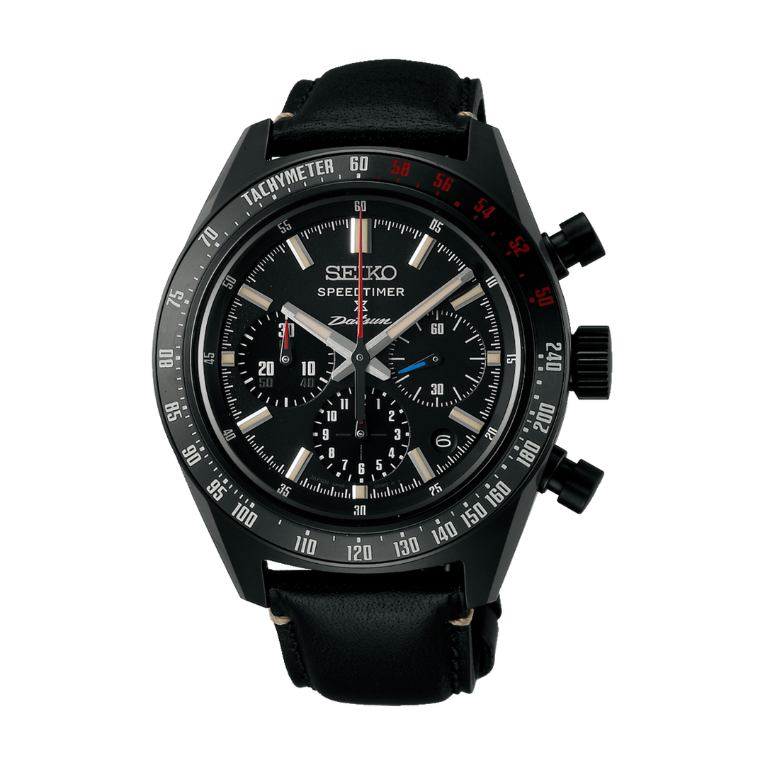 Black Seiko Speedtimer watch with detailed face