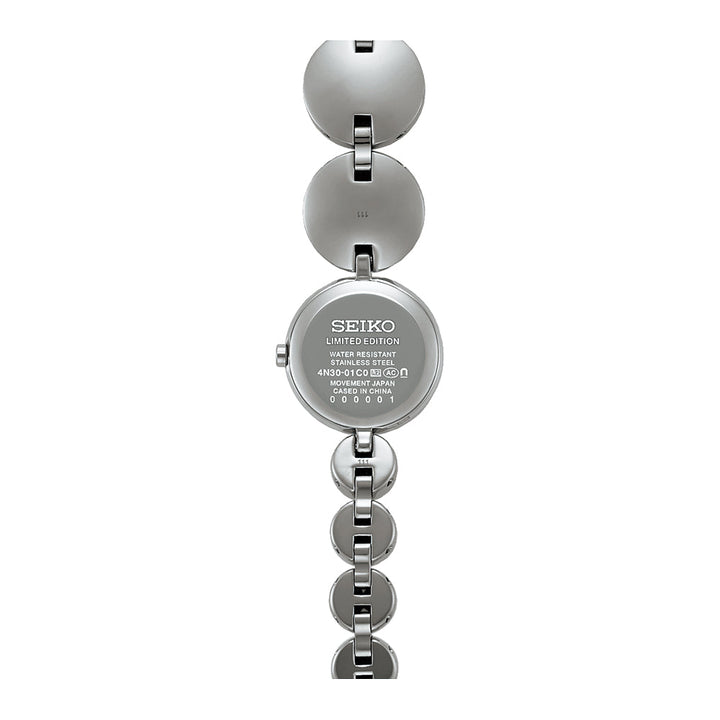 Silver Seiko limited edition watch with a detailed back view on a white background