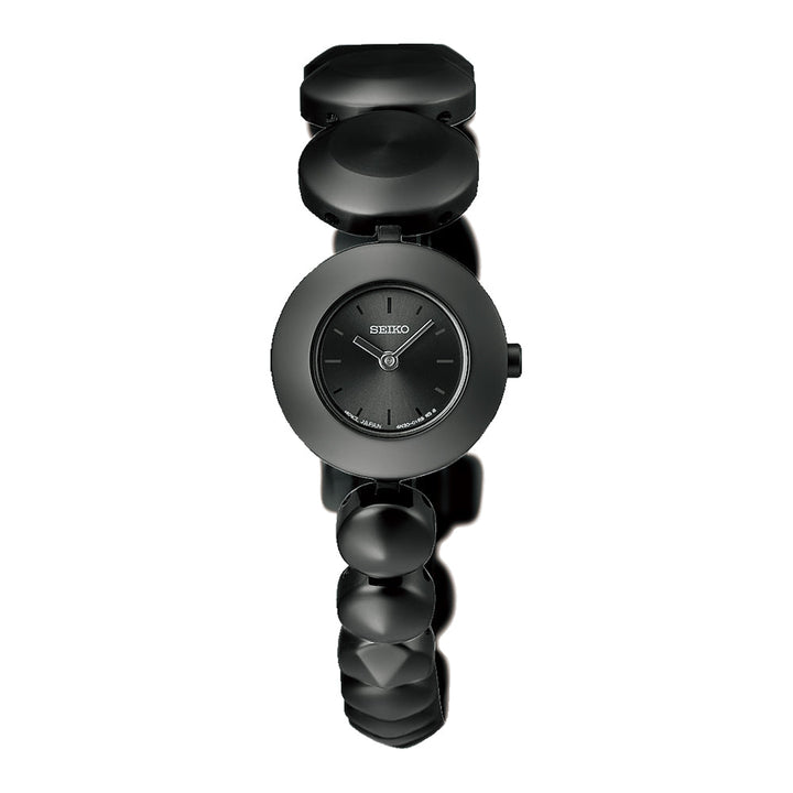 Black bracelet Seiko watch on a white background