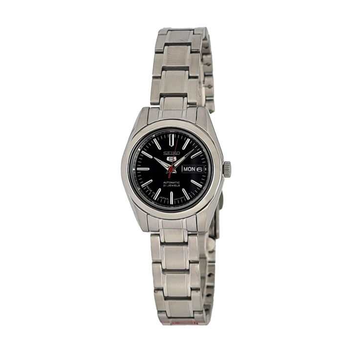Silver Seiko 5 watch with black dial on a white background