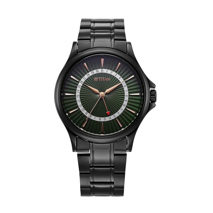 Titan Karishma men’s quartz watch with a green dial, date display, and a stainless steel strap