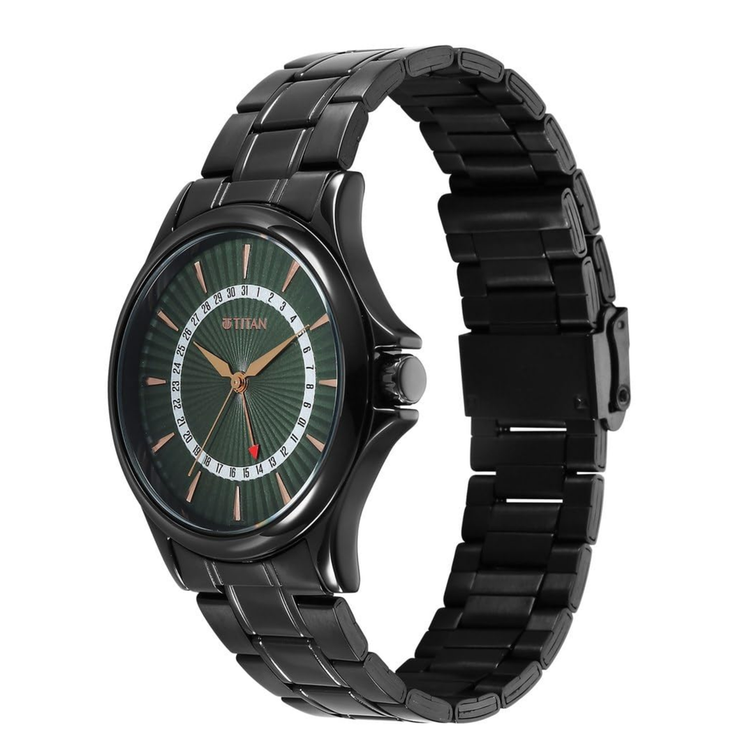 Titan Karishma men’s quartz watch with a green dial, date display, and a stainless steel strap