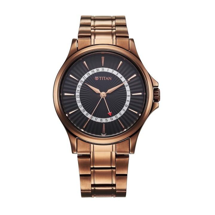 Titan Karishma men’s quartz watch featuring a black analog dial with date display and a durable stainless steel strap.