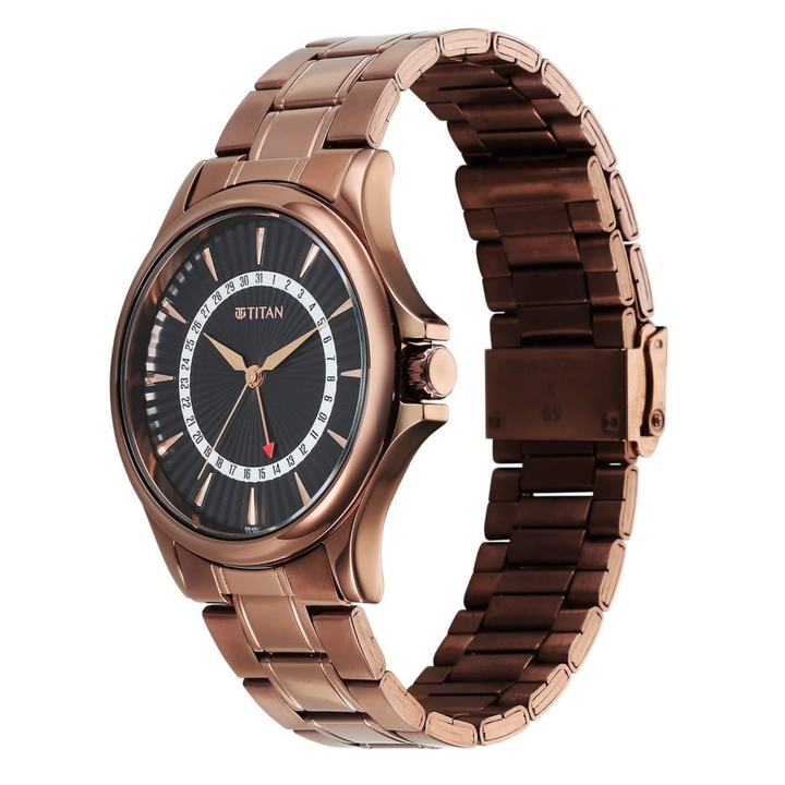 Titan Karishma men’s quartz watch featuring a black analog dial with date display and a durable stainless steel strap.