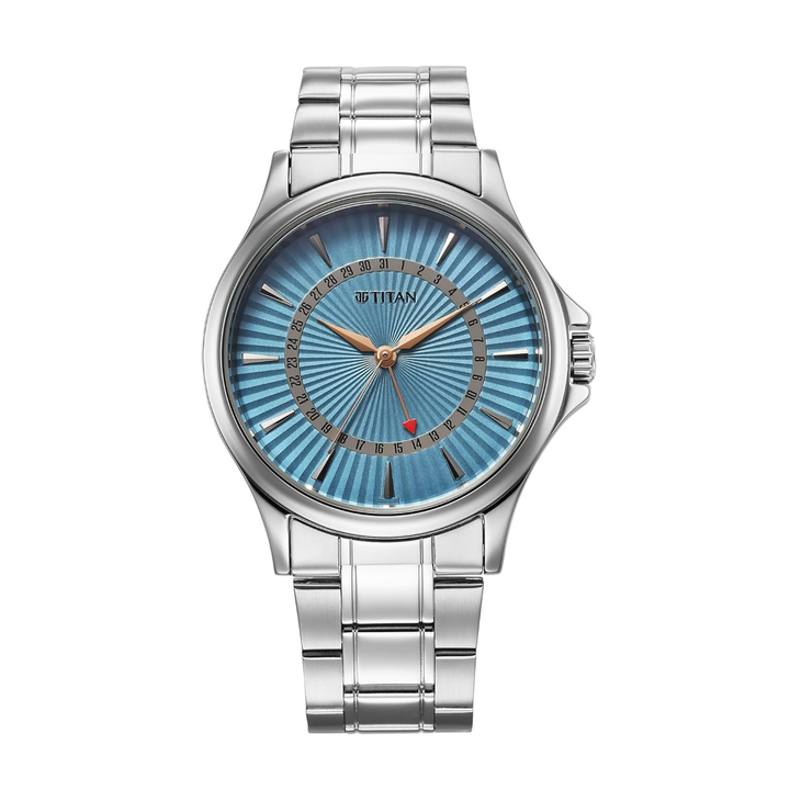 Titan Karishma Men’s Quartz Analog Watch with Date Display, Blue Dial &amp; Stainless Steel Strap