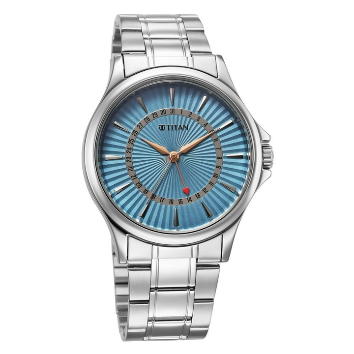 Titan Karishma Men’s Quartz Analog Watch with Date Display, Blue Dial &amp; Stainless Steel Strap