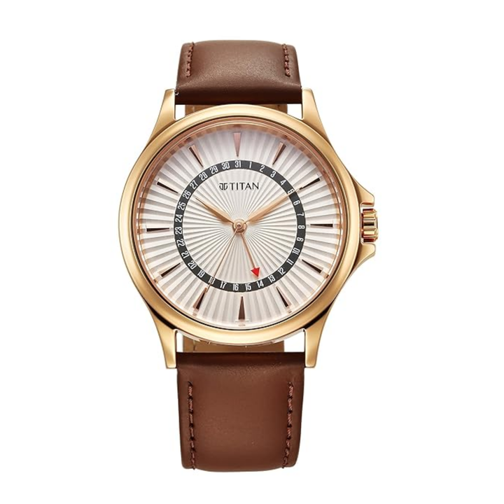 Titan Karishma Men’s Quartz Analog Watch with Date Display, Silver Dial &amp; Leather Strap
