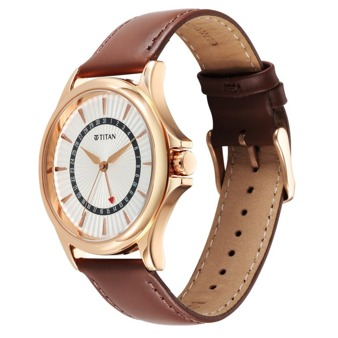 Titan Karishma Men’s Quartz Analog Watch with Date Display, Silver Dial &amp; Leather Strap