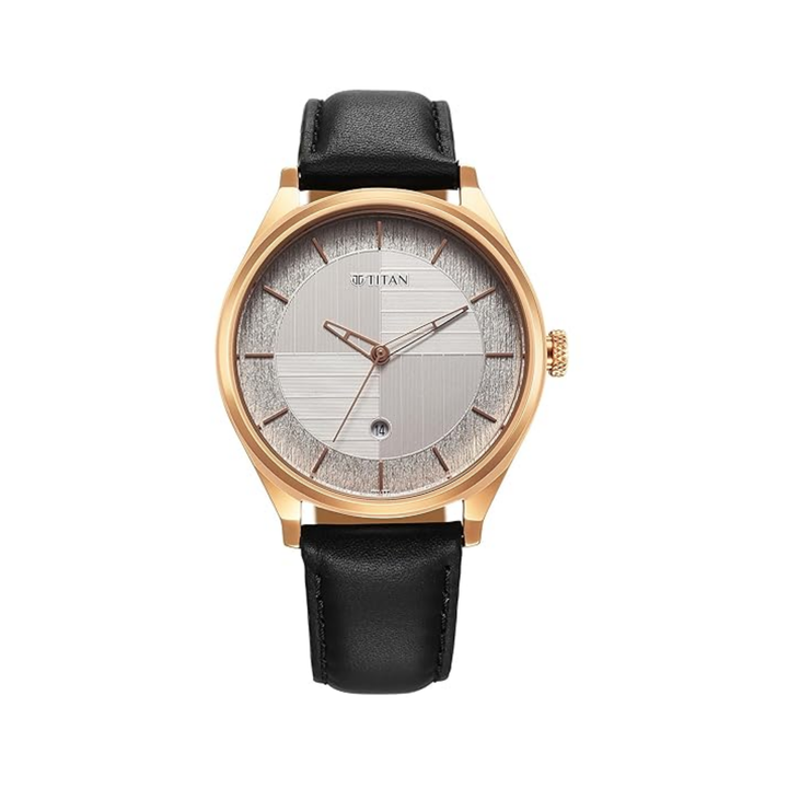 Titan Neo Economy Men’s Quartz Analog Watch with Date, Silver Dial &amp; Black Leather Strap