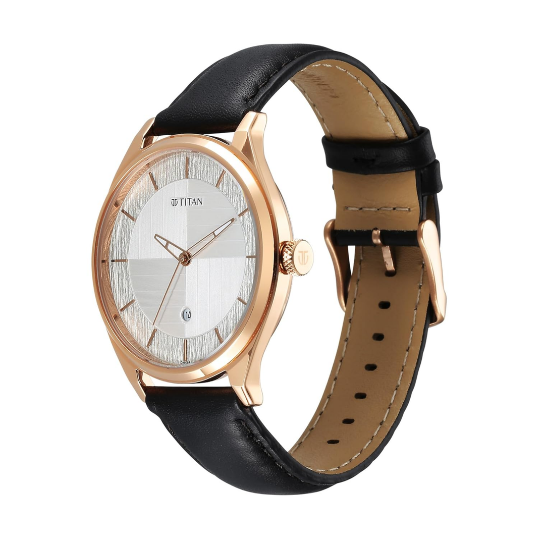 Titan Neo Economy Men’s Quartz Analog Watch with Date, Silver Dial &amp; Black Leather Strap