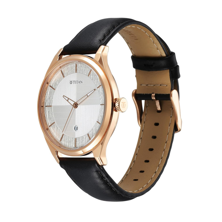 Titan Neo Economy Men’s Quartz Analog Watch with Date, Silver Dial &amp; Black Leather Strap
