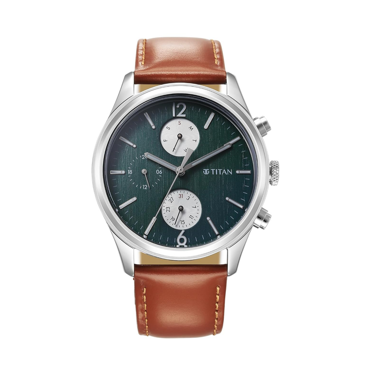Titan Wrist Men’s Quartz Multifunction Watch with Teal Green Dial &amp; Brown Leather Strap
