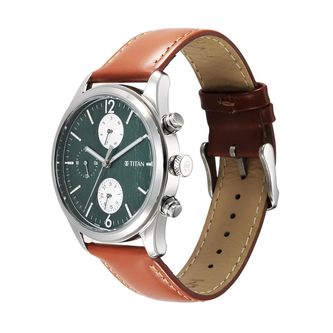 Titan Wrist Men’s Quartz Multifunction Watch with Teal Green Dial &amp; Brown Leather Strap