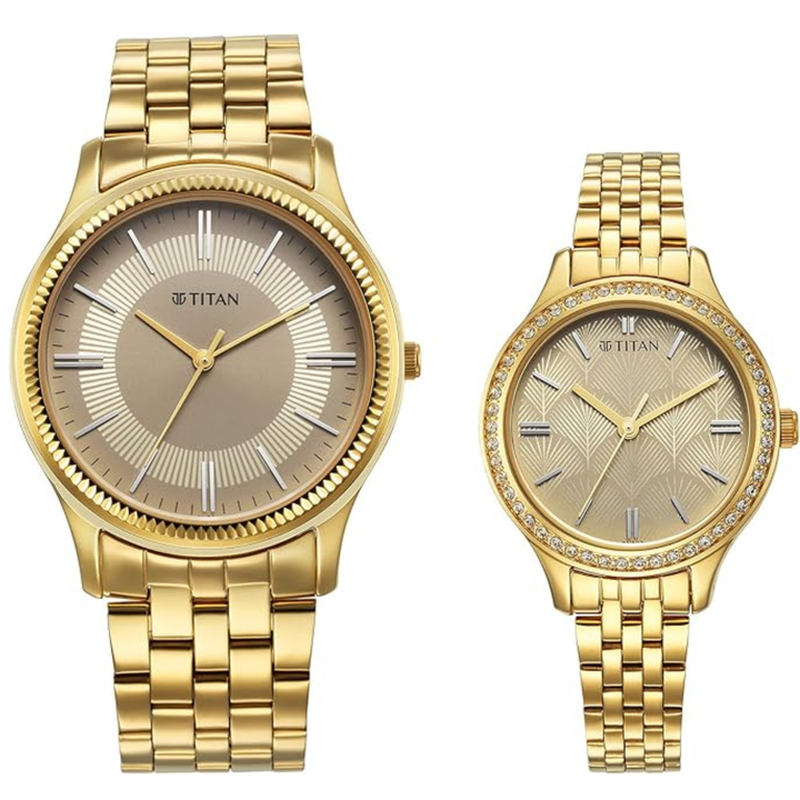 Titan Karishma Bandhan Analog Stainless Steel Watch Set for Couples with Champagne Dial