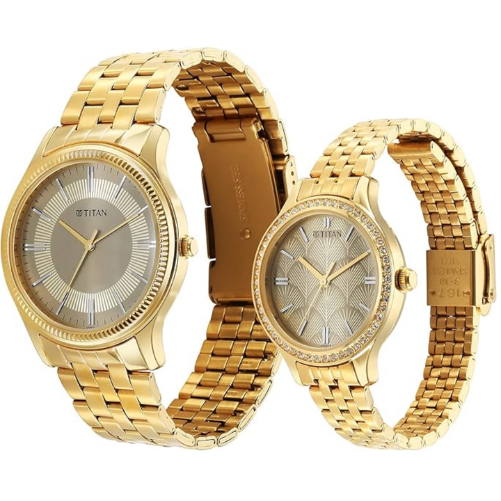 Titan Karishma Bandhan Analog Stainless Steel Watch Set for Couples with Champagne Dial
