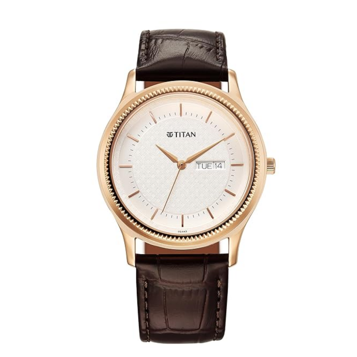 Titan Karishma Men’s Quartz Analog Watch with Day &amp; Date, Silver Dial &amp; Leather Strap