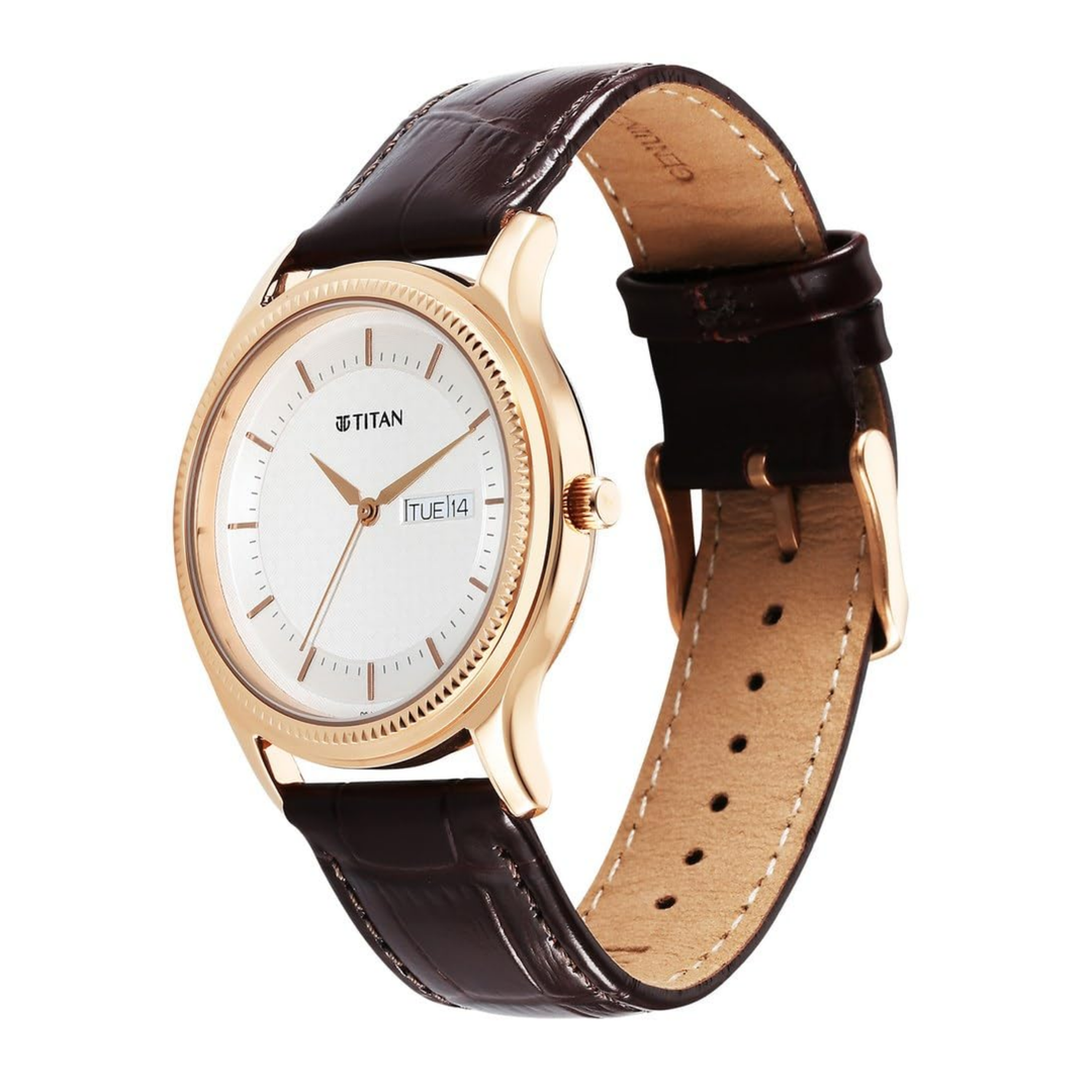Titan Karishma Men’s Quartz Analog Watch with Day &amp; Date, Silver Dial &amp; Leather Strap